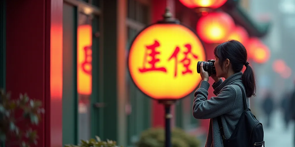 a woman taking a picture of a sign with a camera in her hand and a camera in her hand, Cui Bai, orie