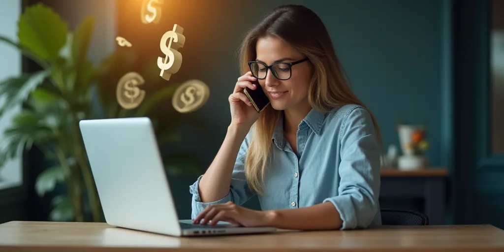 a woman using a cell phone while sitting at a table with a laptop and a money symbol above her, Andr