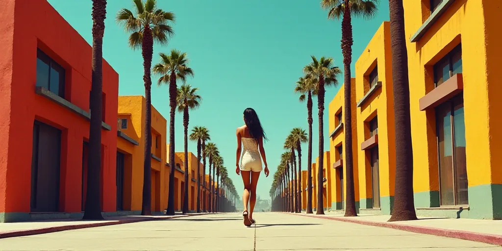 a woman walking down a street past tall buildings with palm trees in the foreground and a blue sky,