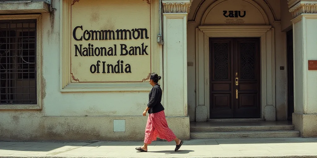 a woman walking past a building with a sign on it's side that says common national bank of india, Ca