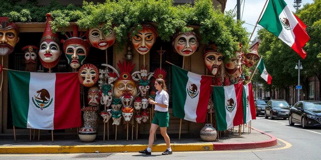 a woman walking past a display of mexican flags and masks on a street corner in mexico city, mexico,