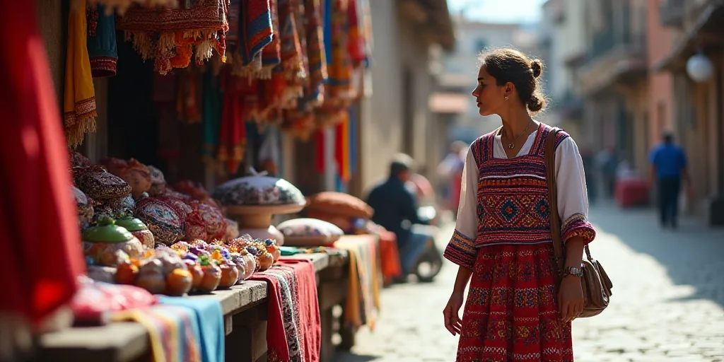 a woman walking past a market with a lot of colorful items on display on the side of the road, Cefer
