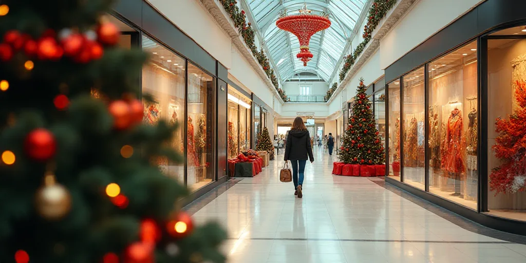 a woman walking through a mall with christmas decorations on display in the background and a christm