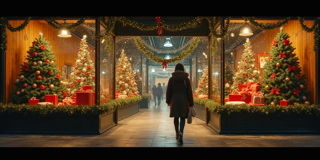 a woman walking through a store filled with christmas decorations and trees and presents on display