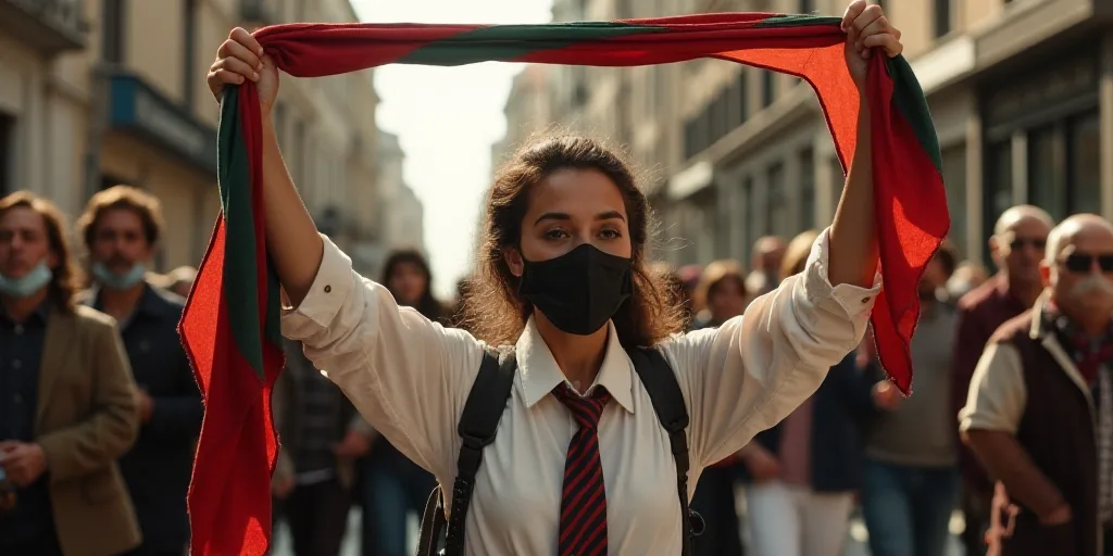 a woman wearing a tie and a mask holds up a scarf as people march in the background in a street, Edi