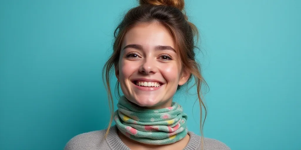a woman with a scarf on her neck smiling at the camera with a blue background and a black and white