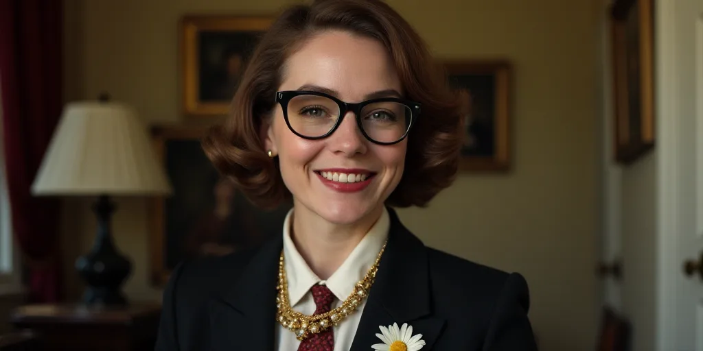 a woman with glasses is smiling for the camera while wearing a suit and tie and a necklace with a fl