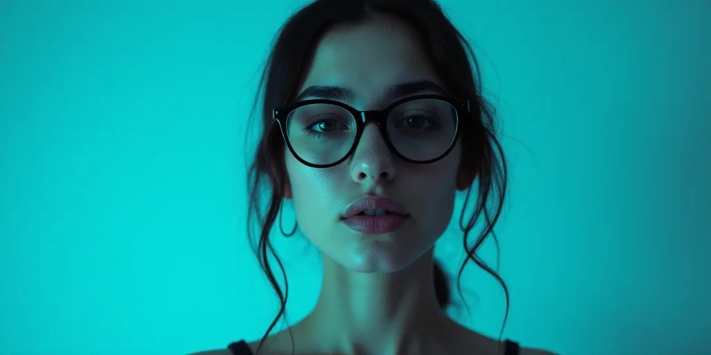 a woman with glasses standing in front of a blue background with a black and white photo of her face