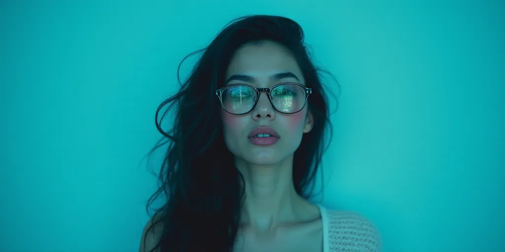 a woman with glasses standing in front of a blue background with a black and white photo of her face