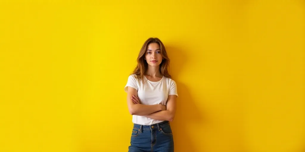 a woman with her arms crossed and a yellow background with the words monsserat y villaane molna, Bri