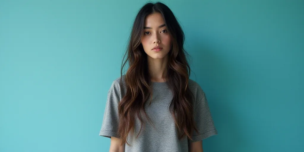 a woman with long hair and a gray shirt is standing in front of a blue background with a black and w