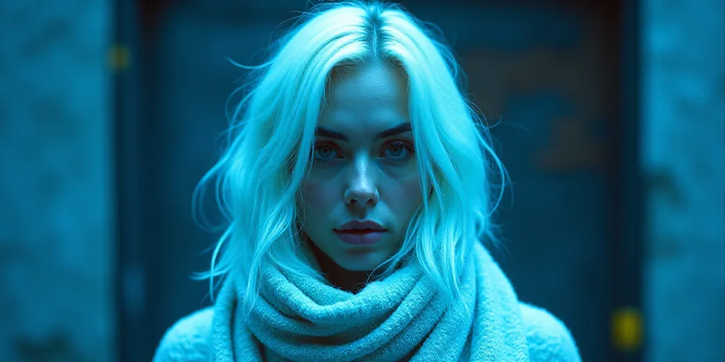 a woman with white hair and a scarf around her neck is standing in front of a blue background with a