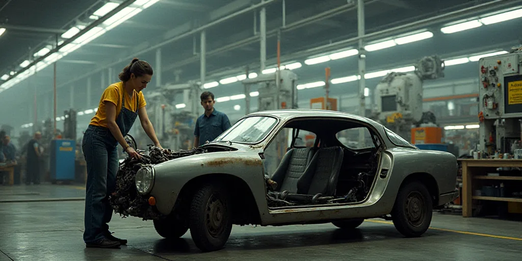 a woman working on a car in a factory with other workers nearby and a man looking at the car, Dahlov