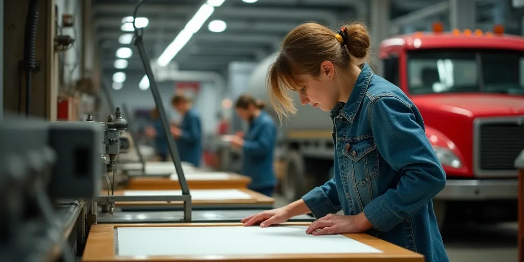 a woman working on a machine in a factory with other workers nearby and a red truck in the backgroun