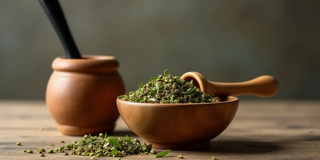 a wooden bowl filled with a scoop of dried herbs next to a wooden vase with a black spoon in it, And