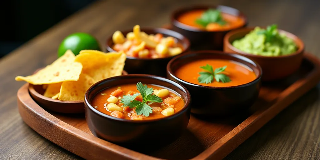 a wooden tray topped with bowls of soup and tortilla chips next to a bowl of guacamole, Ceferí Oliv