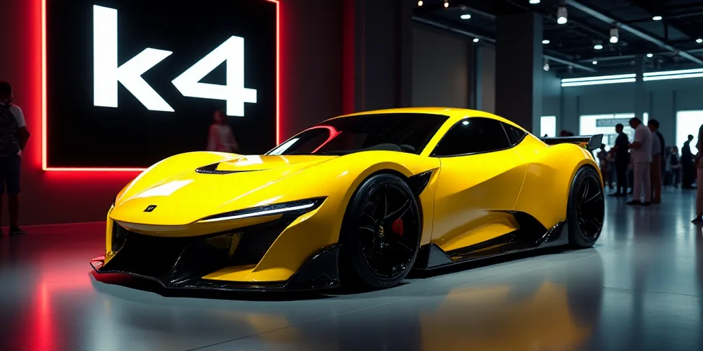 a yellow car is on display at a showroom with neon lights and a black background with a k4 logo, Ai-