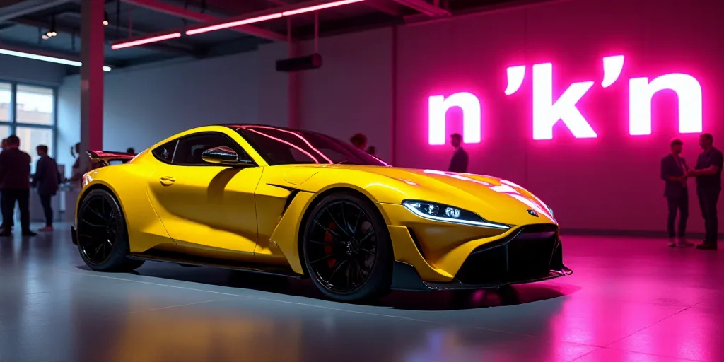 a yellow car is on display at a showroom with a neon sign behind it that says n k n, Ai-Mitsu, ghost