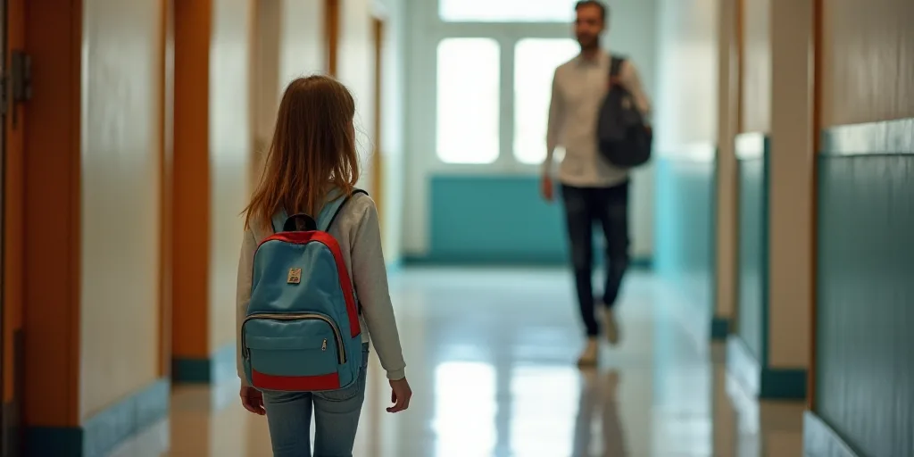 a young girl walking down a hallway with a backpack on her shoulder and a man walking down the hallw