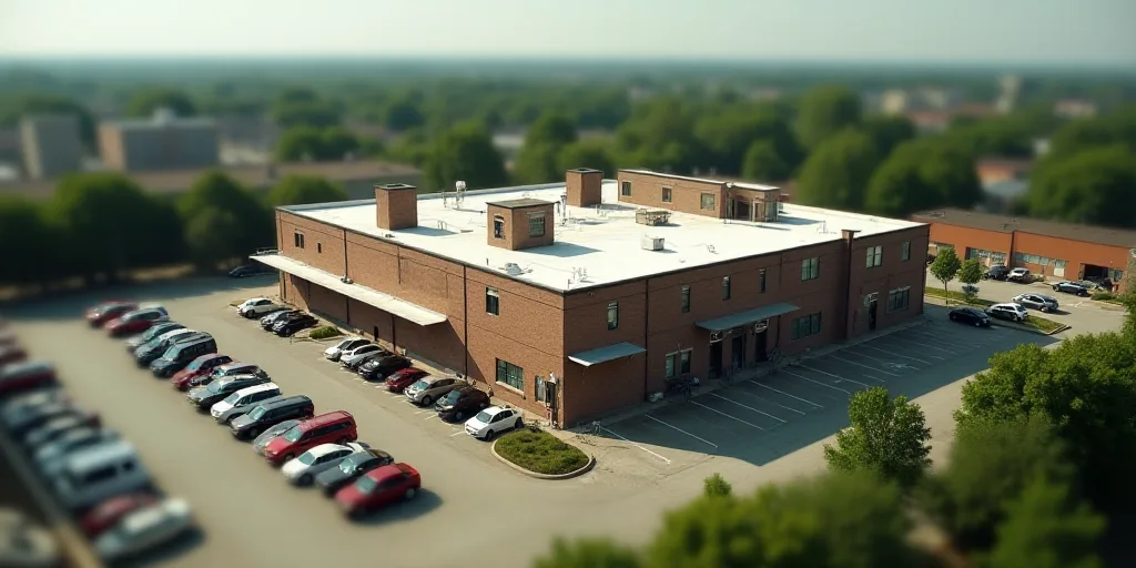 an aerial view of a building with many cars parked in front of it and a parking lot in front of it,