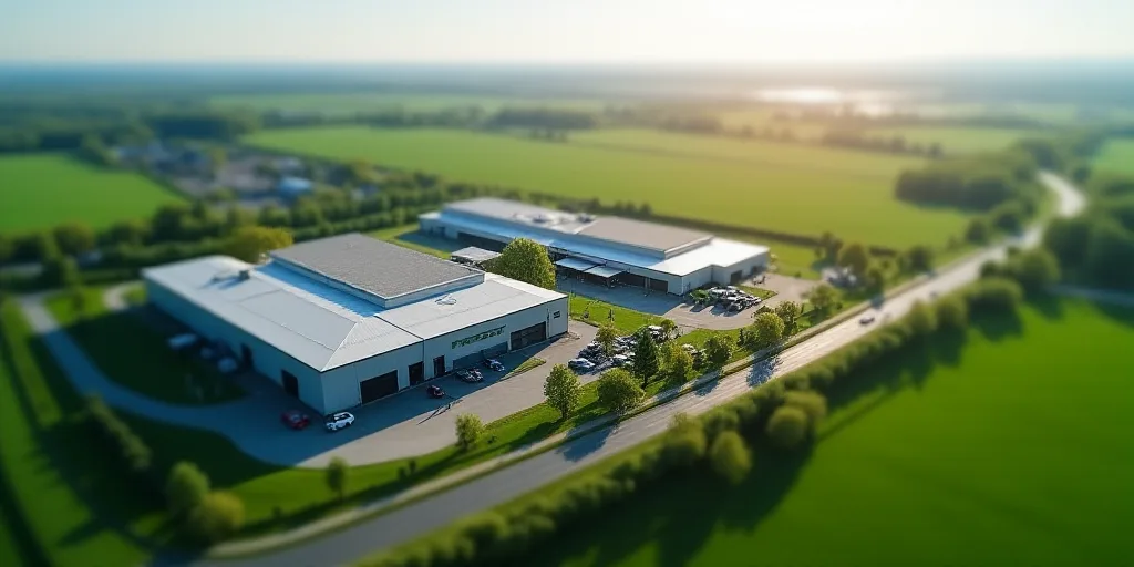 an aerial view of a factory building and a road in the foreground with a green field in the backgrou