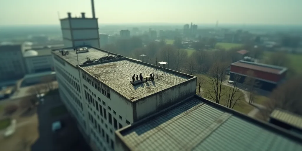 an aerial view of a factory with a large building in the background and a few workers working on the