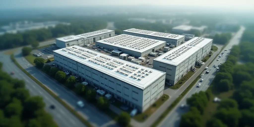 an aerial view of a large industrial building with many windows and doors on the roof of it, surroun