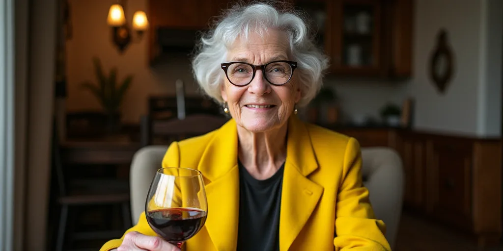 an older woman with glasses and a yellow jacket is holding a wine glass and smiling at the camera wh
