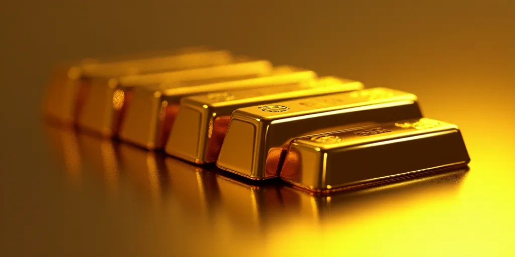 gold bars are stacked on top of each other in a row, with the price of gold in the foreground, Engue