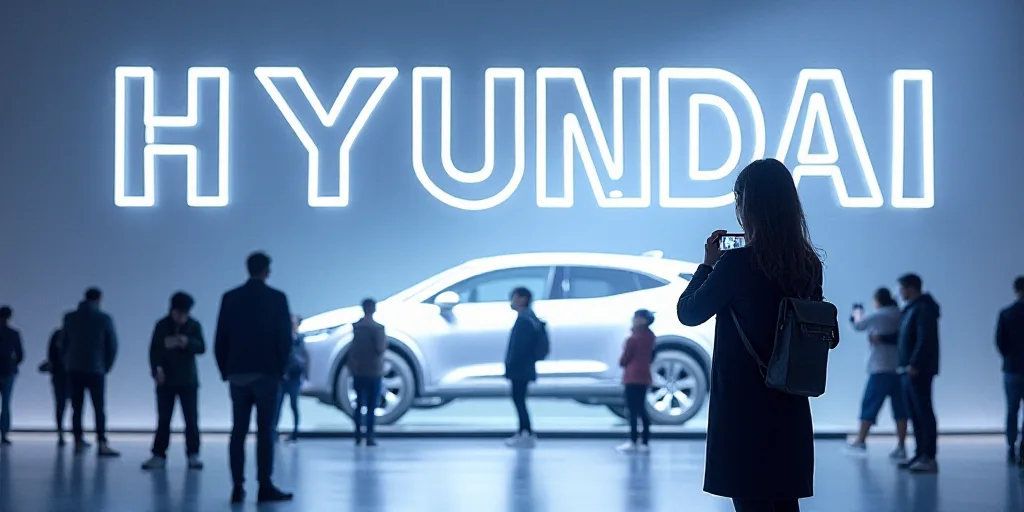 people are standing in front of a sign that says hyundai on it and a woman is taking a picture, An G