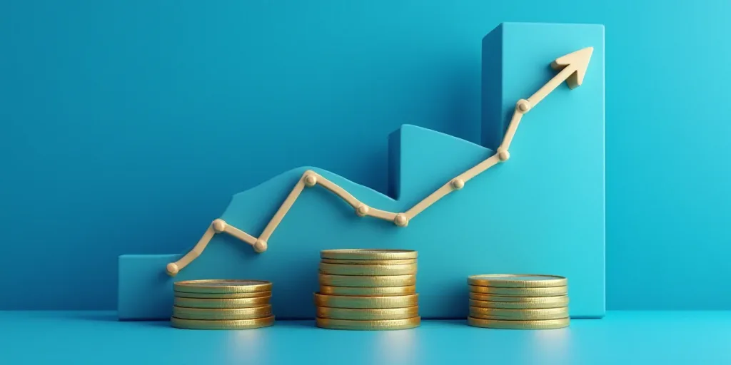 stacks of coins with a blue background and a chart on the wall behind them that shows growth of the
