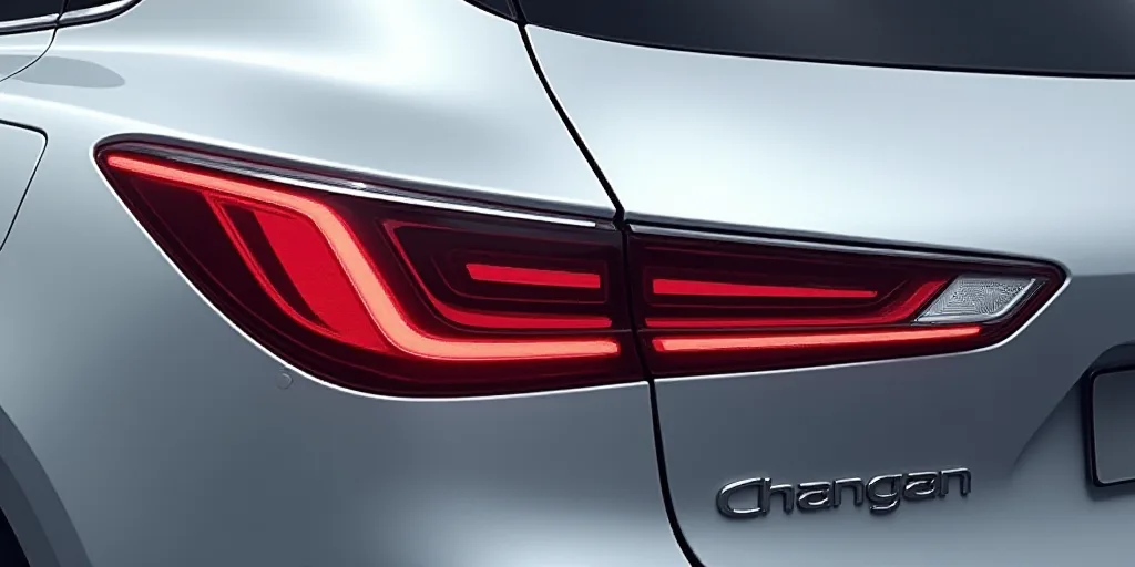 the rear end of a silver car with the word changan on it's tail light and the word changan on the ta