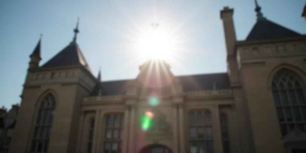 the sun is shining brightly over a building in the city of london, england, on a clear day, Christop