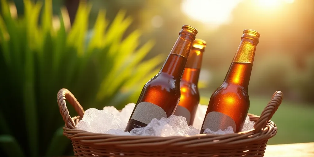 three bottles of beer sitting on ice in a basket outside in the sun, with a green plant in the backg