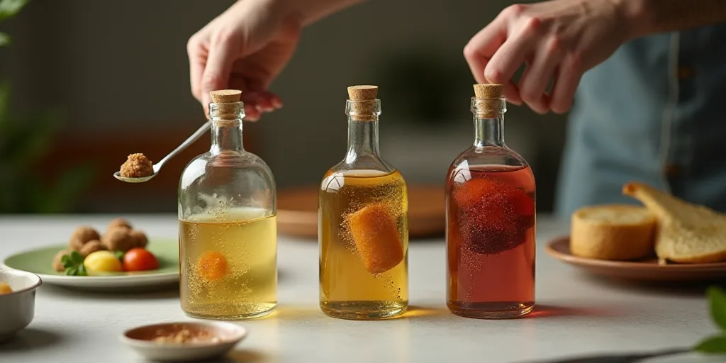 three bottles of contraption sitting on a table with a person holding a spoon in front of them and a