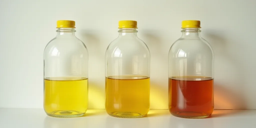 three empty bottles of liquid sitting on a table next to a wall and a wall behind them with a yellow