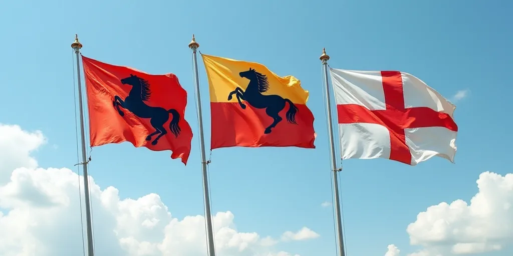 three flags with a horse on them flying in the sky with a sky background and a blue sky with clouds,