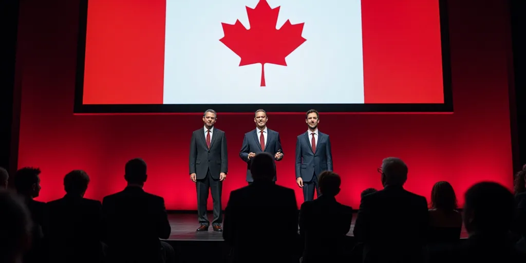 three men in suits standing on stage at a convention with a large screen behind them and a canadian
