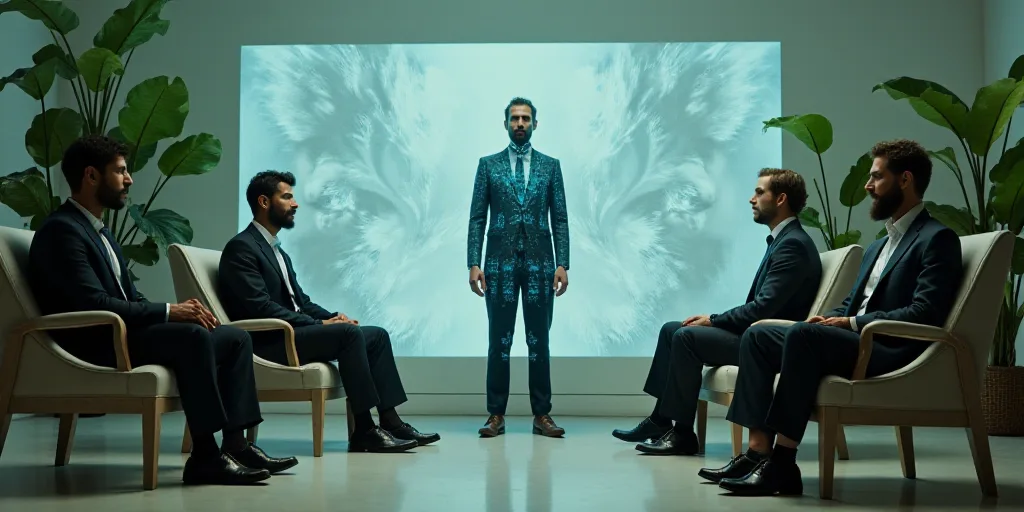 three men sitting in chairs with plants in the middle of them and one man standing in the middle of
