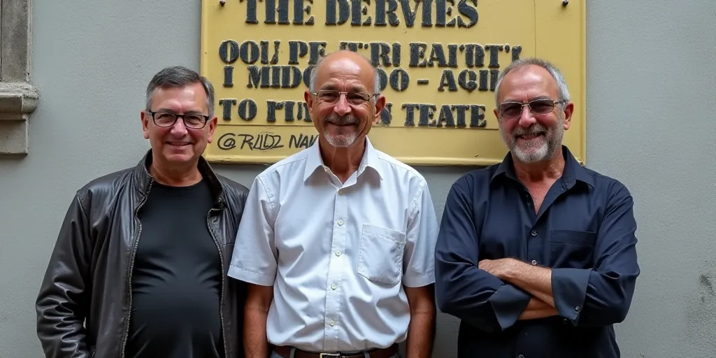 three men standing next to each other in front of a sign that says,'the people's peace network ', Fe