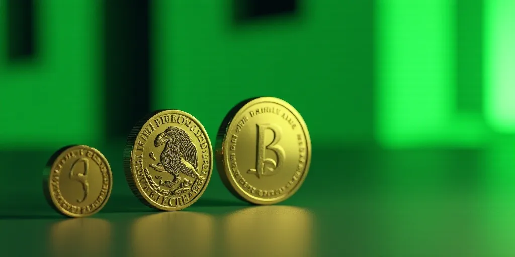 three mexican coins are shown in front of a green background with a building in the background and a
