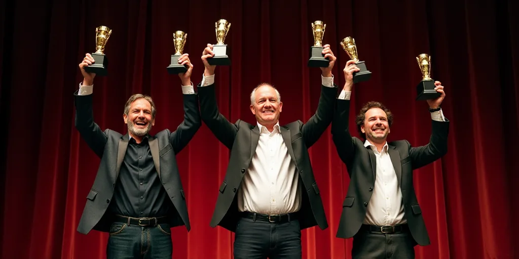 three people holding up their awards at the awards ceremony for outstanding outstanding outstanding