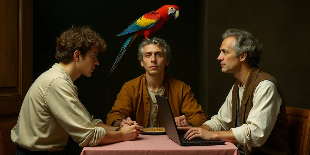 three people sitting at a table with a parrot on top of it and a laptop on the table in front of the
