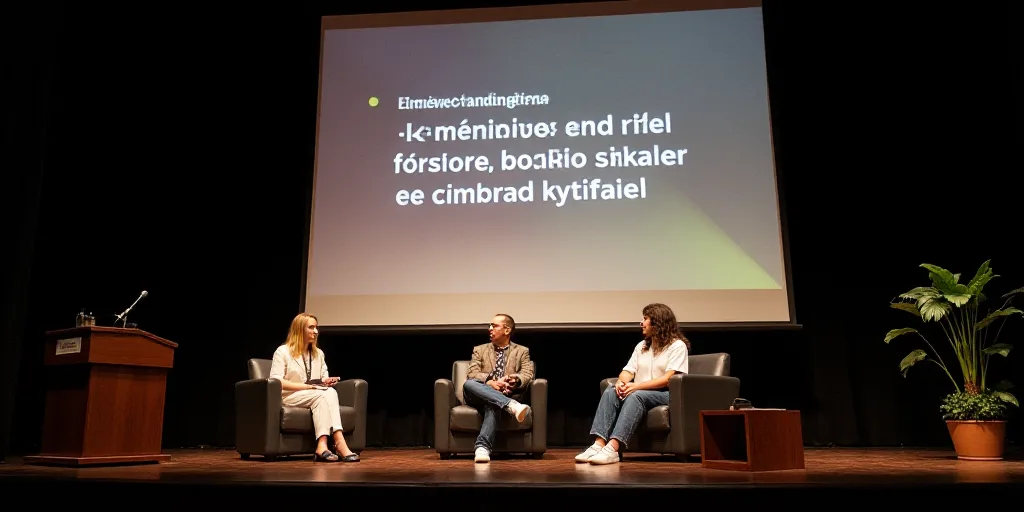 three people sitting on a stage with a sign behind them that says,'the convention sobr de la gravel