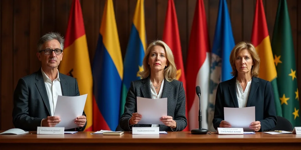 three people standing in front of a table holding papers and a microphone in front of them with flag