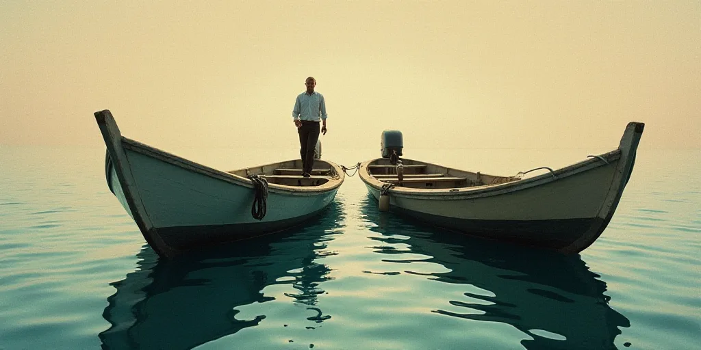 two boats are docked in the water with a man standing on the boat's bow end in the water, Amédée O