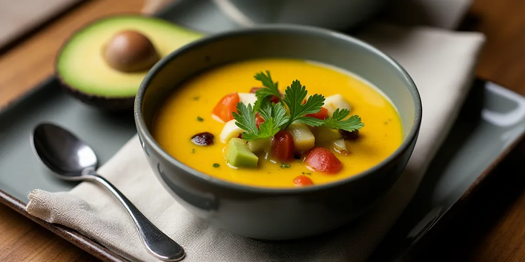 two bowls of soup with avocado and other vegetables on a tray with a spoon and napkin on it, Aquirax
