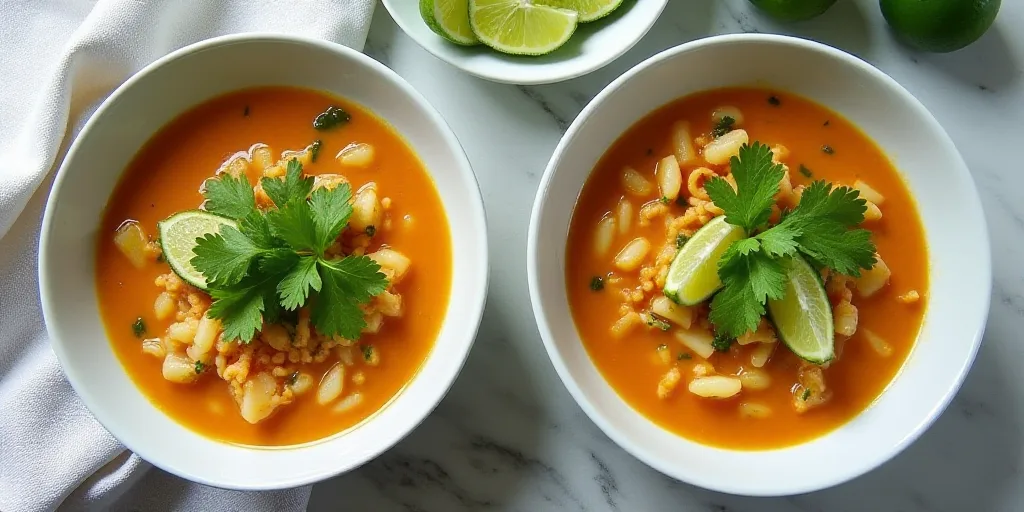 two bowls of soup with limes and cilantro on a table with a white towel and a lime, Anne Rigney, pro
