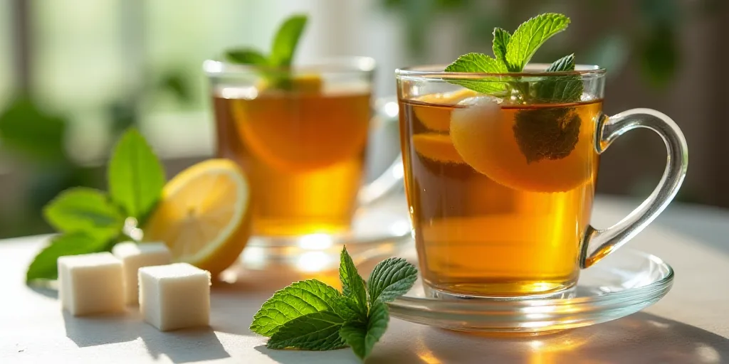 two cups of tea with lemon slices and mint on a table with mint leaves and cubes of sugar, Dorothy C