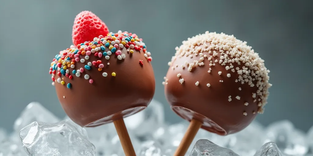 two desserts on sticks with chocolate and sprinkles on them, one is covered in icing, Boetius Adamsz